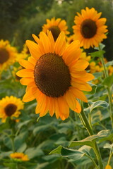 Field of sunflowers with the bright sunlight. Sunflower photos on the rear. Sunflowers are the flowers like sunny