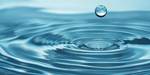 A detailed view capturing a single water droplet about to impact a body of water, creating symmetrical ripples