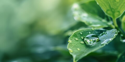 Macro photography showcasing a pristine water droplet resting on a vibrant green leaf, surrounded by smaller drops