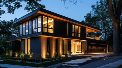 Photo of modern house with outdoor lighting, at night, external view