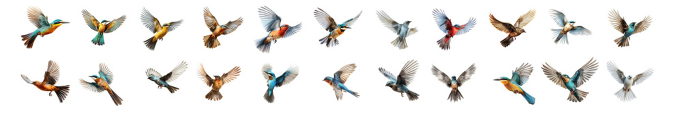Obraz premium Set of flying birds isolated against transparent background Ai generated