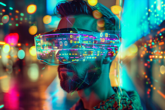  handsome man wearing futuristic AR glasses, hologram cyberpunk interface floating in front his face, digital glowing lines and numbers on screen background, cyber city street, double exposure 