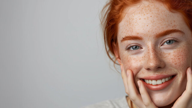skincare commercial studio photography of redhead woman with beautiful smile touching her face, isolated on grey background with copy space