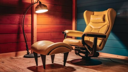 A chair and ottoman in a room with wood paneling, AI