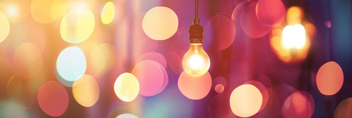 Single light bulb with colorful bokeh background, creating a festive and cheerful atmosphere. Concept for celebrations and party themes