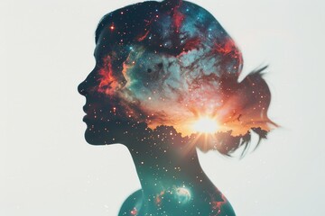 Double exposure girl in twilight, rich tints (close up, focus on, copy space) Double exposure silhouette with twilight