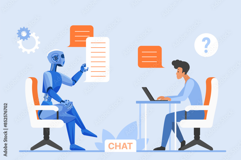 Aufkleber User and chat bot conversation, chatgpt, digital helpdesk. Tiny man sitting at computer desk to type text and chat questions, robot holding speech bubbles of answers cartoon vector illustration
