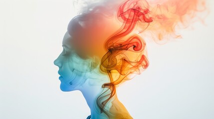 Fototapeta premium Double exposure girl with smoke, vibrant colors (close up, focus on, copy space) Double exposure silhouette with smoke