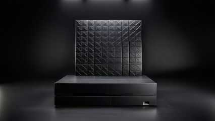 Sleek Black Friday Product Display Podium - Single Flat Black Horizontal Stand with Ample Presentation Space, Featuring All-Black Design, Geometric Patterns, Dark Black Background, Black Podium