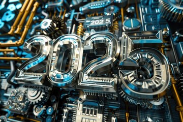 Futuristic digital concept embodying the year 2025 with metallic gears and technological elements for innovation and progress.