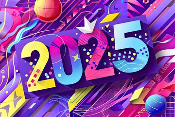 Fototapeta premium Colorful 2025 graphic with abstract shapes, vibrant colors, and futuristic design elements, perfect for New Year celebrations and events.