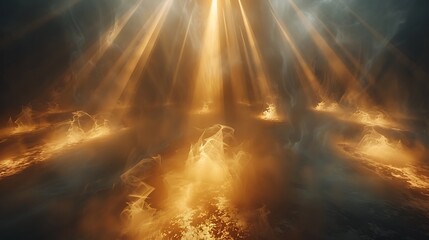 Obraz premium A surreal scene of beams of light intersecting in a foggy atmosphere to form luminous octagons. The ethereal light illuminates the mist, creating a mystical and captivating atmosphere.
