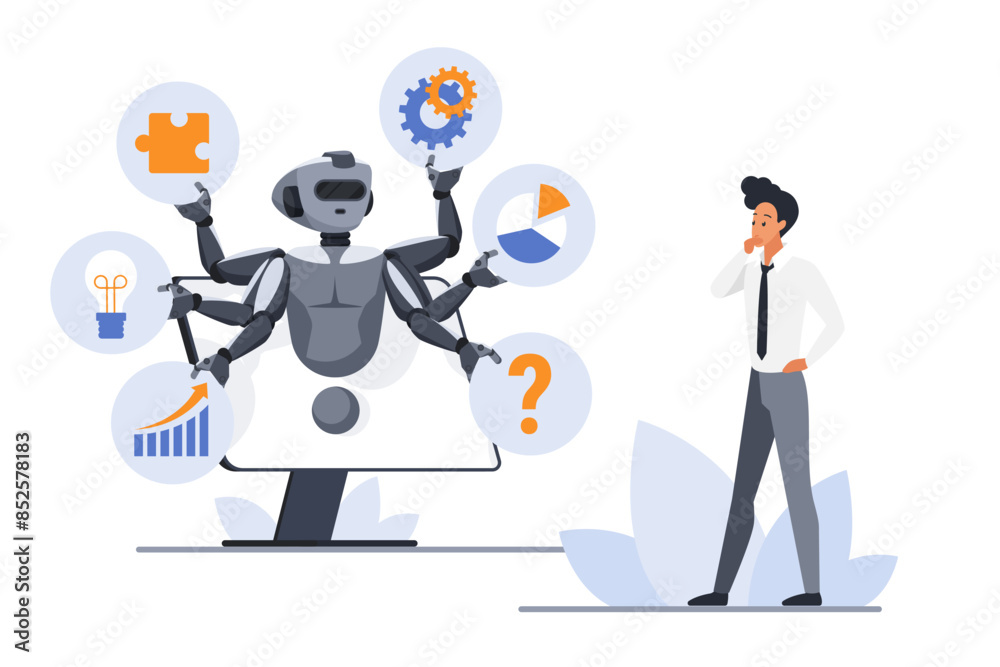 Poster Business project with multitask support online from chat bot, digital service for work productivity. Tiny businessman working with robot with many hands on computer screen cartoon vector illustration