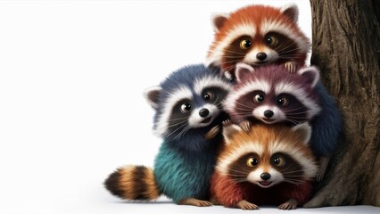 A group of raccoons are sitting around a tree, AI