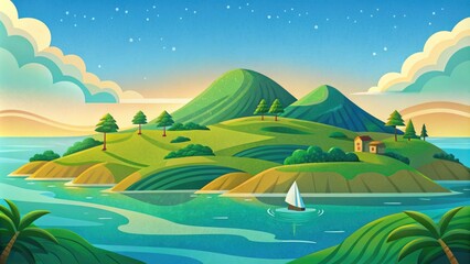 Rolling Hills with a Sailboat on a Lake