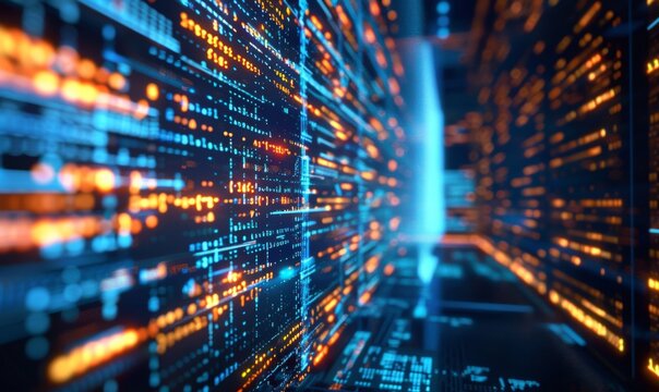 Futuristic holographic lines of code in a high-tech digital environment