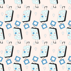 Tourism seamless pattern. Luggage endless repeatable background. suitcase, backpack, bag, destination symbols. Vector outline illustration.