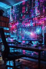 Obraz premium Futuristic 3D holographic code projection hovering over a sleek modern desk