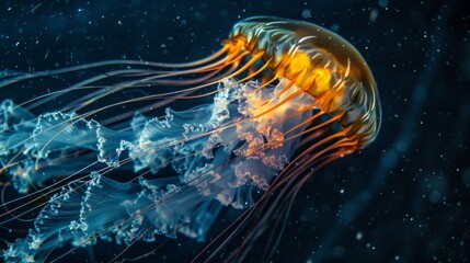 Obraz premium Capturing the intricate details of a jellyfish drifting through the water with bioluminescent trails. 