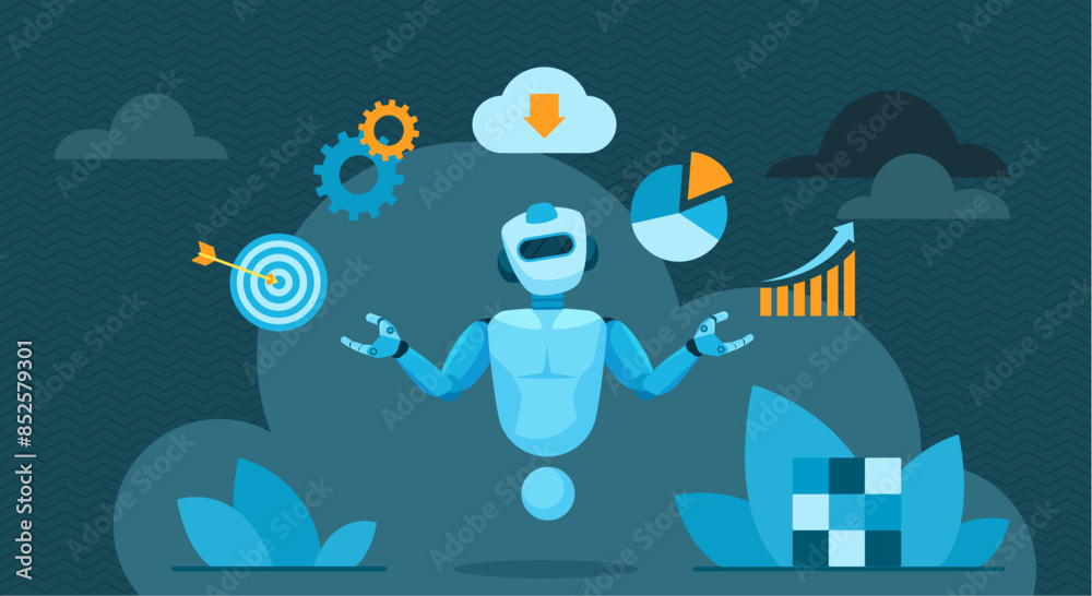 Poster Multitasking support of chat bot, artificial intelligence services for customers. Busy robot holding data graph and goal target with arrow, pie chart and gears in hands cartoon vector illustration