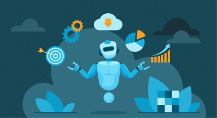 Multitasking support of chat bot, artificial intelligence services for customers. Busy robot holding data graph and goal target with arrow, pie chart and gears in hands cartoon vector illustration