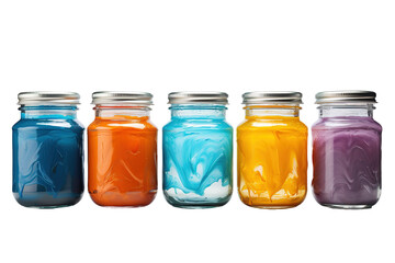 A Row of Colorful Jars Filled With Swirling Paint on a Clear PNG or White Background.