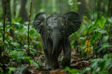 Fototapeta premium A Borneo pygmy elephant walking through a dense rainforest, its small stature and long trunk used to grasp branches.
