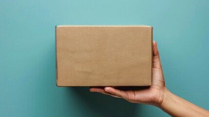 Fototapeta premium Hand Holding a Cardboard Box Against a Blue Background