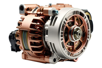 The Copper Heart of Modern Automotive Power: A Detailed Look at an Electric Motor on a Clear PNG or White Background.