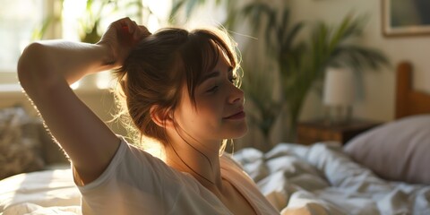 A woman stretching in bed with morning sunlight pouring in, capturing a feeling of freshness