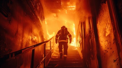 Fototapeta premium A brave firefighter in protective gear is running up the stairs of a burning building, The stairs are covered with flames and smoke. fire safety concept.