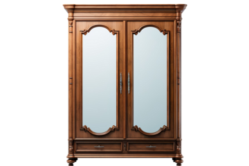 Ornate Wooden Wardrobe With Mirrored Doors and Intricate Details on a Clear PNG or White Background.