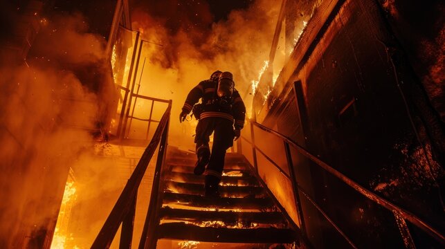 A brave firefighter in protective gear is running up the stairs of a burning building, The stairs are covered with flames and smoke. fire safety concept.