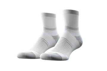 A Pair of White Performance Socks With Grey Stripes on a Clear PNG or White Background.