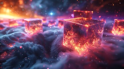 An abstract 3D scene featuring floating octagons with soft glowing edges, set in a vast virtual space environment. The backdrop is filled with cosmic elements like stars and nebulae. 