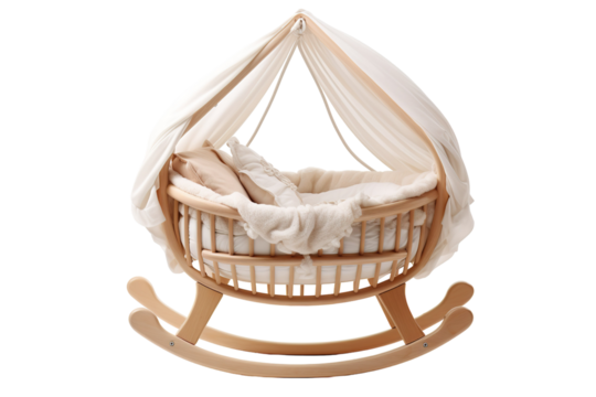 A Gentle Cradle Rocking Softly Under a White Canopy on a Clear PNG or White Background.