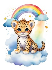 Watercolor illustration of baby leopard sitting a cloud with vibrant rainbow in the background. Africa animal clip art for design, story book, nursery decor, wallpaper