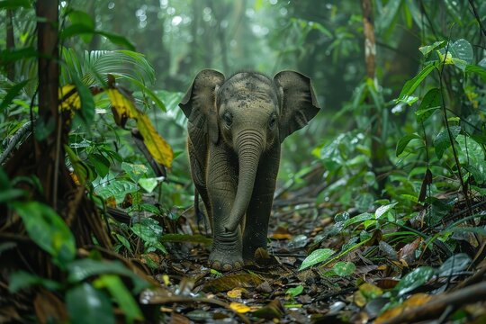 A Borneo pygmy elephant walking through a dense rainforest, its small stature and long trunk used to grasp branches.