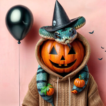 Stylish snake in trendy hood and bini with Illustration 3d Pumpkin head balloon. Halloween holiday concept 