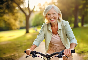 Naklejka premium happy active senior woman cycing at summer park in the morning ,hobby and leisure ,Senior woman on country bike ride