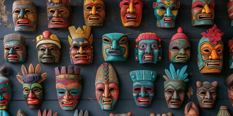 A vibrant collection of cultural masks displayed on a wall representing various global traditions and artistic styles