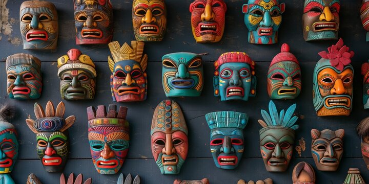 A vibrant collection of cultural masks displayed on a wall representing various global traditions and artistic styles