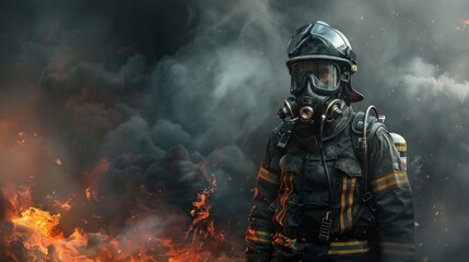 Fototapeta premium A Firefighter dressed in a uniform full gear, standing against the backdrop of smoke and flames. in a studio. fire safety concept.