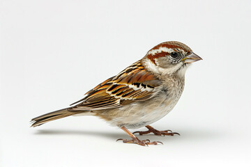 Chipping Sparrow on white background, featuring distinctive rufous crown and streaked brown and white plumage.