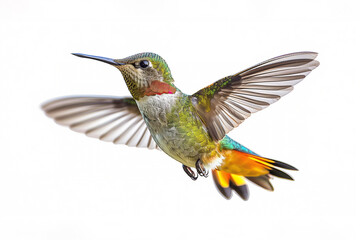 Fototapeta premium Hummingbird in flight against white background, showcasing its vibrant iridescent feathers and rapid wing movement.