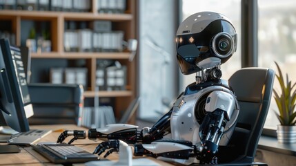 Fototapeta premium A person sits in front of a computer monitor, focused on their task