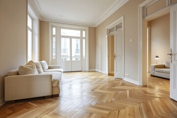 Hardwood Floor. Interior Living Room with Sofa and Minimalist Cushions