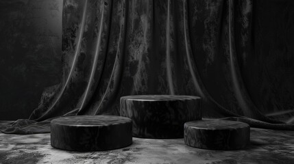Black and white image of three stools