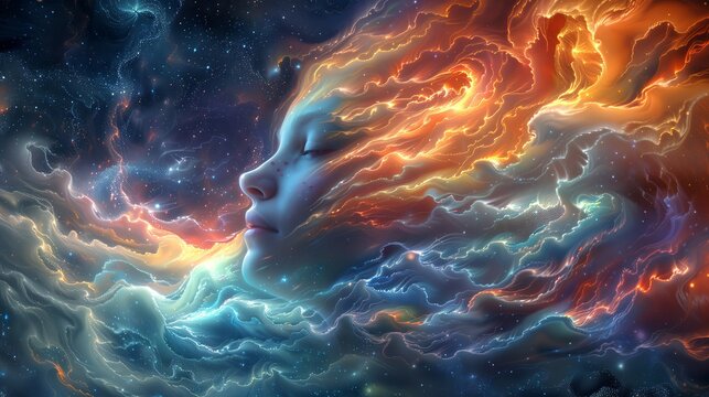 A painting of a womans face in clouds and stars, mystical and heavenly