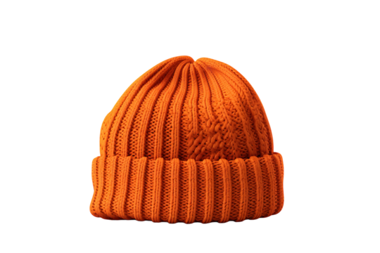 A Bright Orange Knit Beanie Hat for Cold Weather Days on a Clear PNG or White Background.